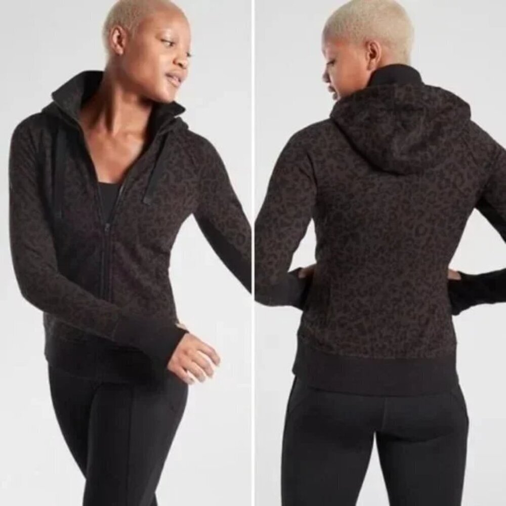 Athleta Triumph Printed Hoodie Jacket Black Leopard Animal Print